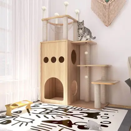 Multi-Level Wooden Cat Tree Sideboard Pet Cage