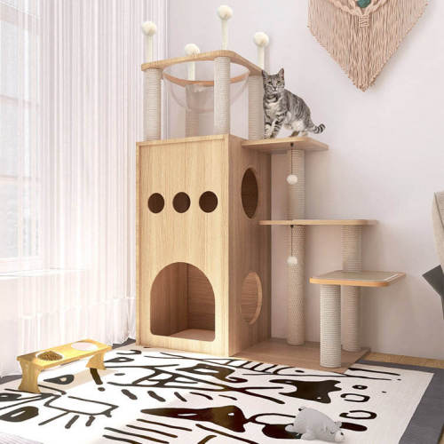 Multi-Level Wooden Cat Tree Sideboard Pet Cage