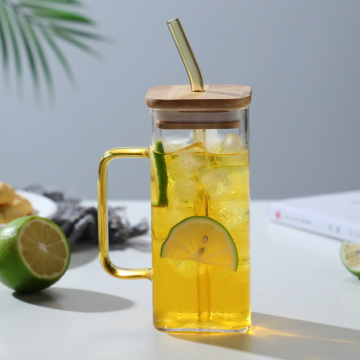 Square Clear Glass Cup with Wooden Lid and Colorful Handle for Coffee, Ice Water or Drinks