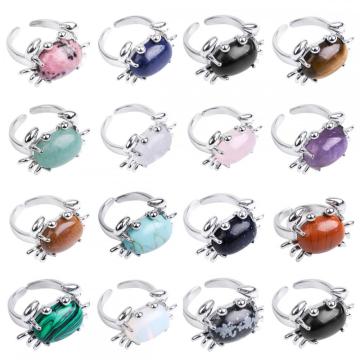 Gemstone Crab Adjustable Ring Natural Stone Quartz Charm Crab Rings for Women Men