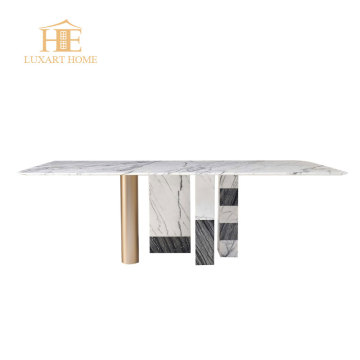 Luxury White Marble Dining Table with Ring Legs and Steel Design