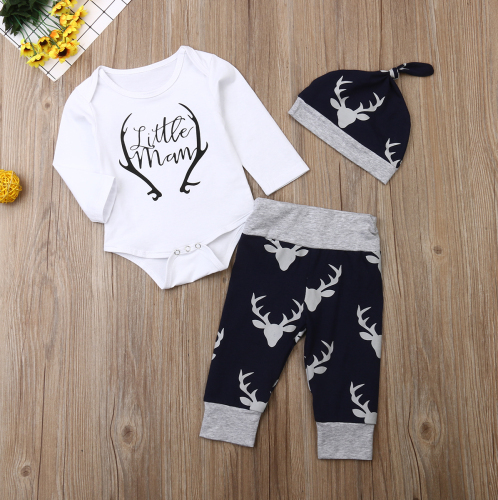 2019 Baby Spring Autumn Clothing Newborn Baby Boy Long Sleeve Little Man Long Sleeve Romper Deer Leggings Hat 3Pcs Clothes Set