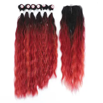 Synthetic Hair Bundles with Closure 7Pcs Natural Wave Hair Weave Bundle For Women 18-22 Inch High Temperature Fiber Hair Weft