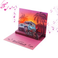Tarjeta de cumpleaños emergente musical 3D Beach Sunset con coche todoterreno