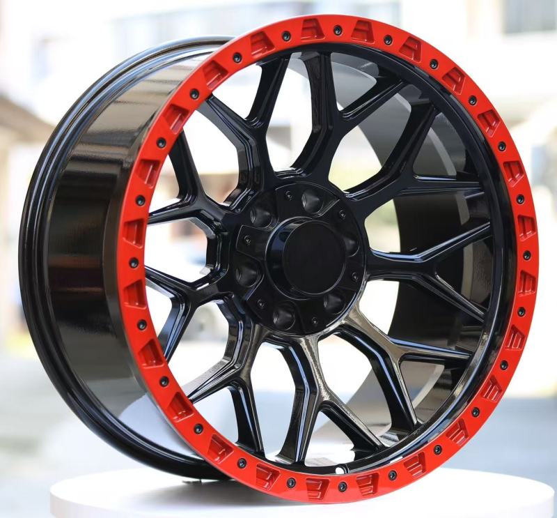 20-inch Gloss Black Full-Painted Wheels with Red Ring & 24 Matte Black Lug Nuts