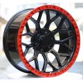 Ruedas completamente pintadas en negro brillante de 20 pulgadas con aro rojo y 24 tuercas en negro mate