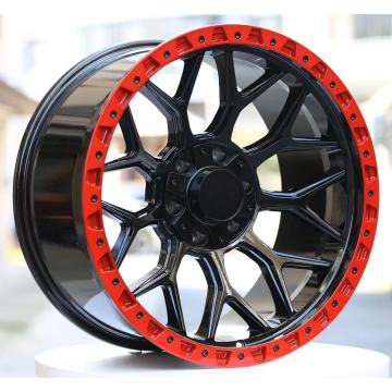 Ruedas completamente pintadas en negro brillante de 20 pulgadas con aro rojo y 24 tuercas en negro mate