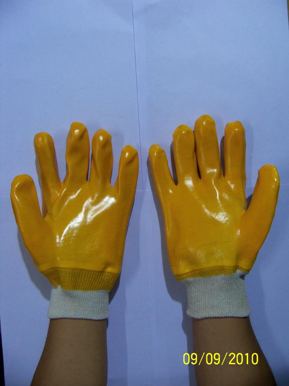 Yellow PVC single dipped gloves with knit wrist