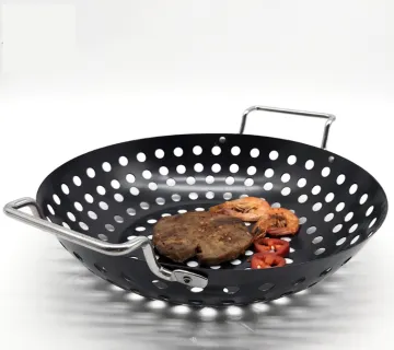 wholesale barbecue accessories round bbq vegetable basket non-stick grilling pan