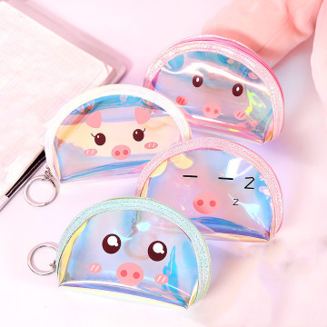 Cartoon Pig Laser Women Lady Sanitary Napkin Pad Kid Coin Wallet TPU Small Coin Pouch Zipper Money Earphone Tampon Holder Purse