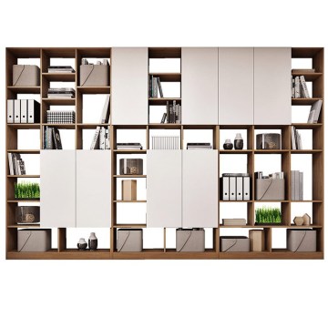Dinding rak buku kayu pepejal moden dengan kabinet