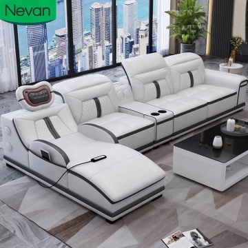 L-Shaped Luxury Solid Wood Leather Modular Living Room Sofa with Massage Function