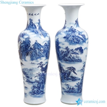Blue and White Mountain Trees Pattern Large Floor Stand Vase for Office Hotel Decoration