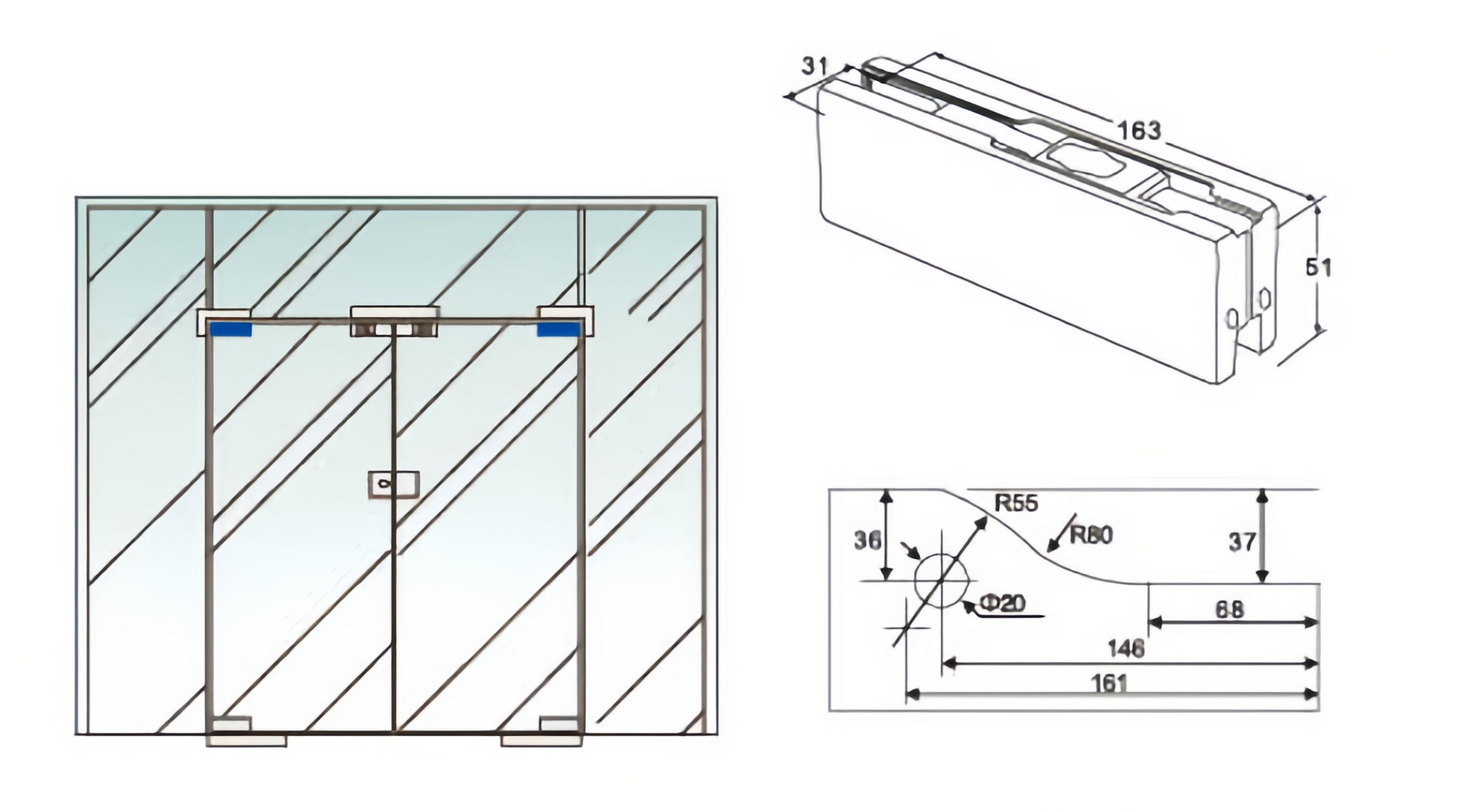 Glass cutout drawing for AZJ002 top patch fitting PT20