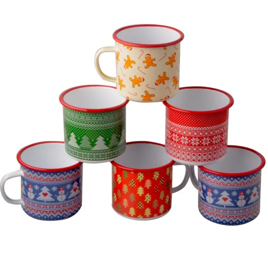 Stainless Rim Painted Rim Enamel Steel Coffee Mug Tea Cup with Decal Custom Design Gift Promotion Kitchenware