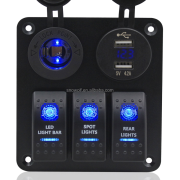 Blue S2 3 Gang Car Rocker Switch Panel with USB Socket, Power Plug, and Voltmeter