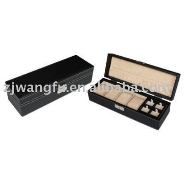 BLACK LEATHER 4 WATCH & 4 CUFFLINKS BOX STORAGE JEWELRY CASE RING VALET BOX