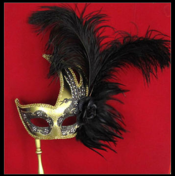 Hot Sell Wholesale Black And Gold Halloween Feathered Stick Mask