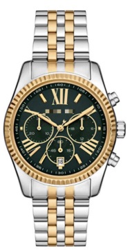 38mm Two-Tone Stainless Steel Chronograph Watch Green Sunray Dial For Business Women