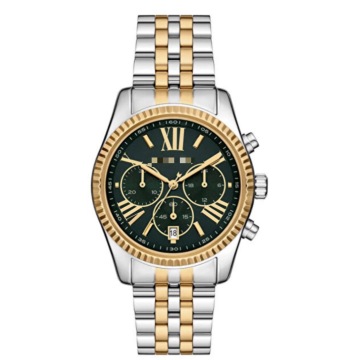 Reloj cronógrafo de acero inoxidable de dos tonos de 38 mm con esfera verde y rayos de sol para mujeres de negocios