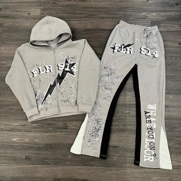 French Terry Men's Zip Up Vintage Crop Top and Jogging Suits Set with Custom Print Graphics