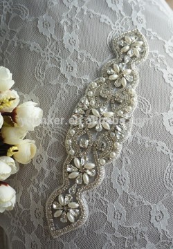 Rhinestone bling crystal applique trimming for dress garments establishment pearl beaded appliques sash bridal belt
