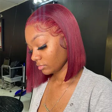 BIS Wholesale 99J Burgundy Short BoB Wig Straight Colored Human Hair Wigs For Women Dark Red 4X4 Lace Wig Pre Plucked Remy Hair