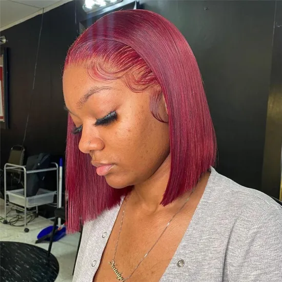 BIS Wholesale 99J Burgundy Short BoB Wig Straight Colored Human Hair Wigs For Women Dark Red 4X4 Lace Wig Pre Plucked Remy Hair