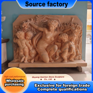 Beige Marble Floral Goddess Cherub Wall Relief Art