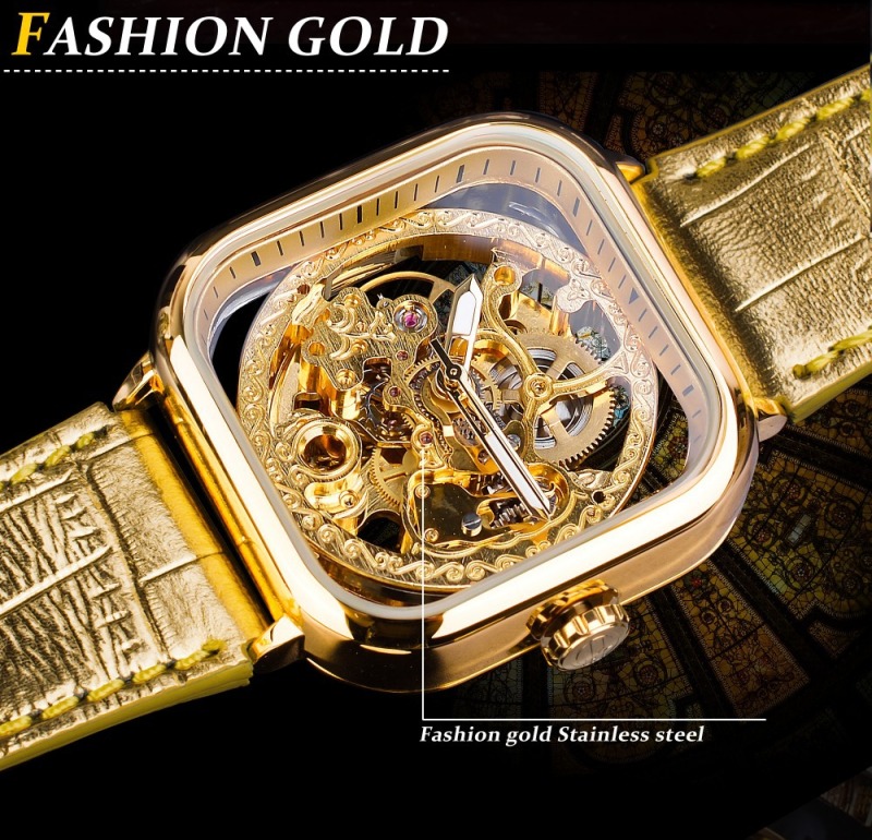Forsining 2020 Waterproof Gold Men's Watch with Square Dial and Automatic Mechanical Movement