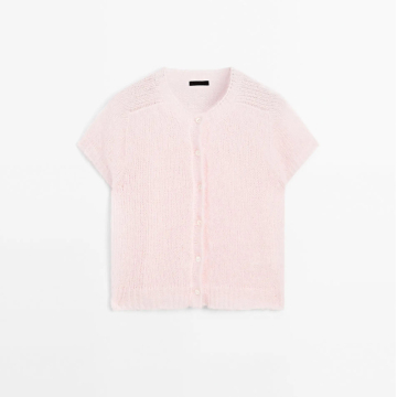 Women's casual commuting style girl pink short sleeved knitted cardigan
