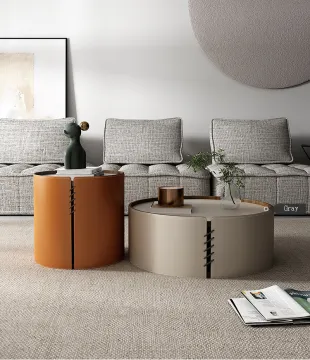Modern Luxury Round Coffee Table - Saddle Leather Small Family Living Room Furniture
