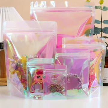Custom Printed Logo Sealable Clear Rainbow Holographic Pink Zipper Pouches for Small Businesses