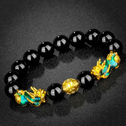 High-Quality Black Obsidian Stone Pixiu Bracelet: Color-Changing Fengshui Charm for Women and Men