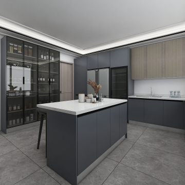 Grey Acrylic Finish Kitchen Cabinets with Large Glass Storage