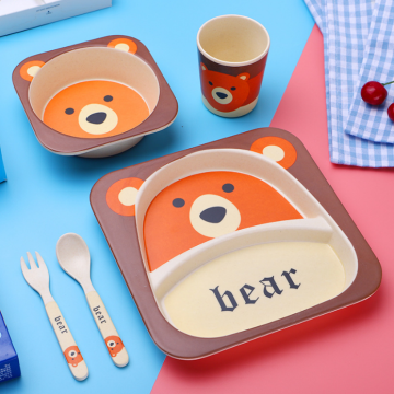 Two-Grid Plate Set for Children - Bear Pattern Tableware for Home Use