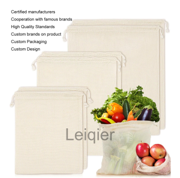 Premium Eco-Friendly Custom Logo Organic Cotton Mesh Bags for Fruit and Vegetable Storage