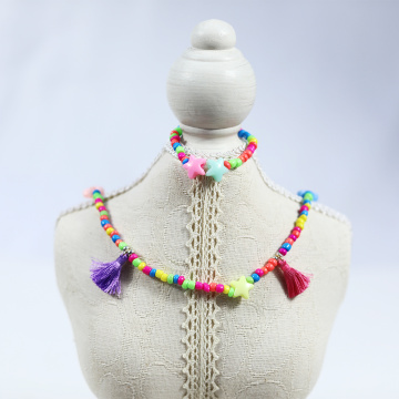 Rainbow glass beads tassel necklace set kids lovly