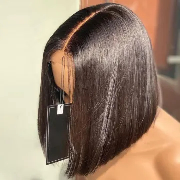 100% Human Hair Blunt Cut Lace Frontal Bob Wig - Natural Brazilian Bob Weave