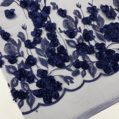 Navy 3D Chiffon Flowers Embroidery Fabric