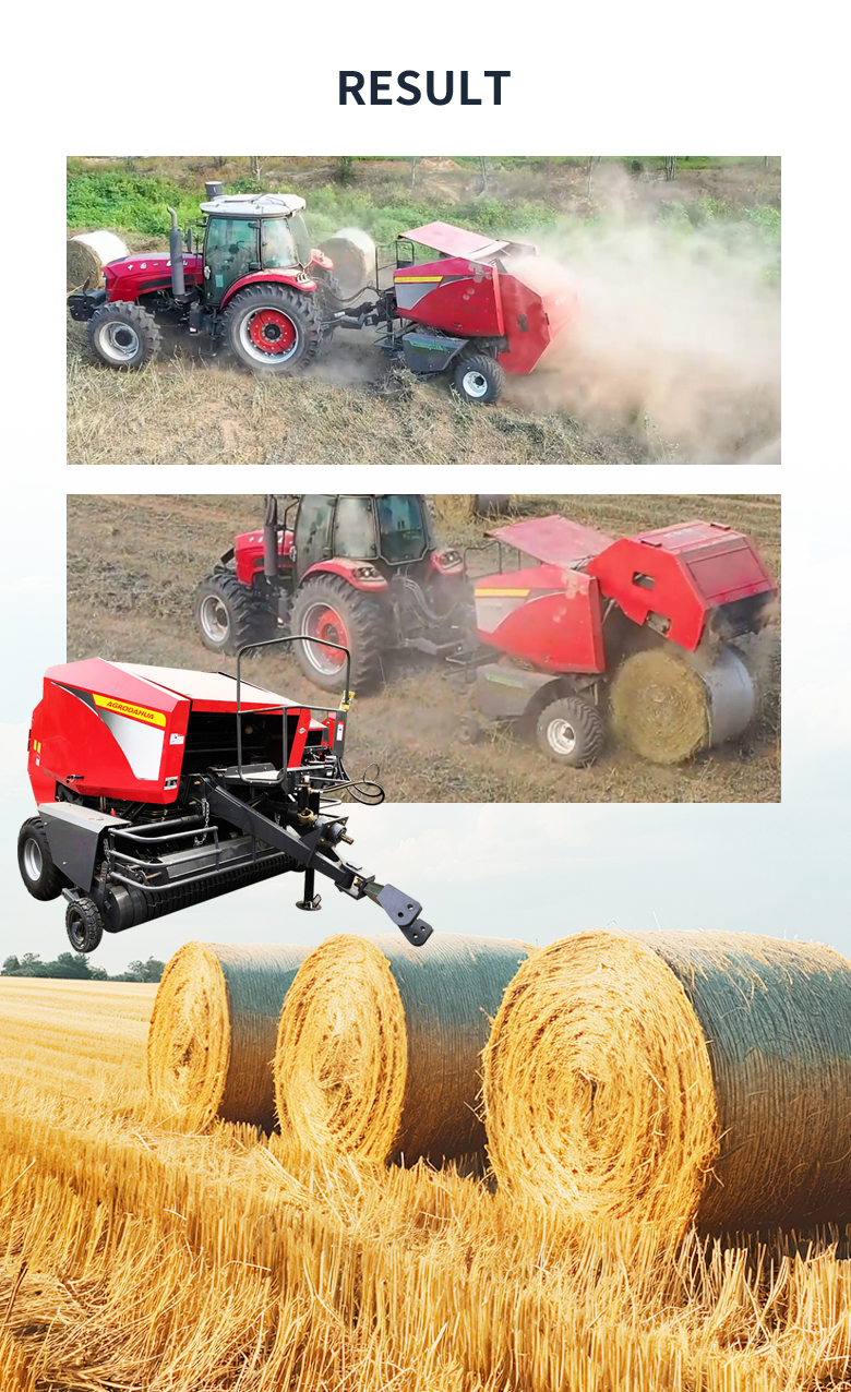 The baler is operating on the farm