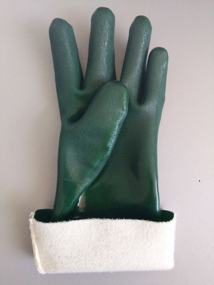 Green chemical PVC coated gloves sandy finish 14inch