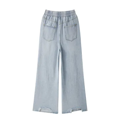 Washed Ripped Jeans Tie Loose Wide Leg Pants