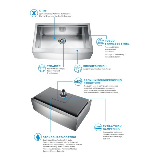 Fregadero de cocina delantero de 33 pulgadas de acero inoxidable