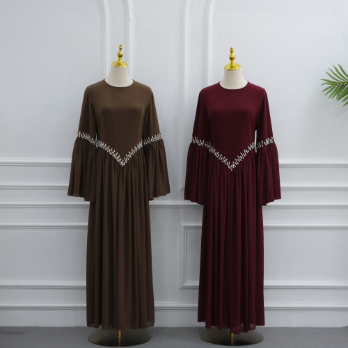 Luxury Solid Rhinestone Qurxiyey Flare Sleeve Abaya