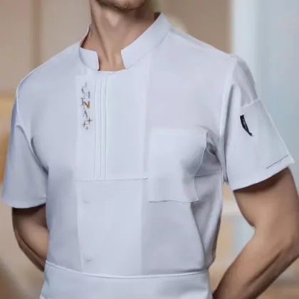 Small Grid Embroidery Chef Coat for Kitchen and Restaurant Work