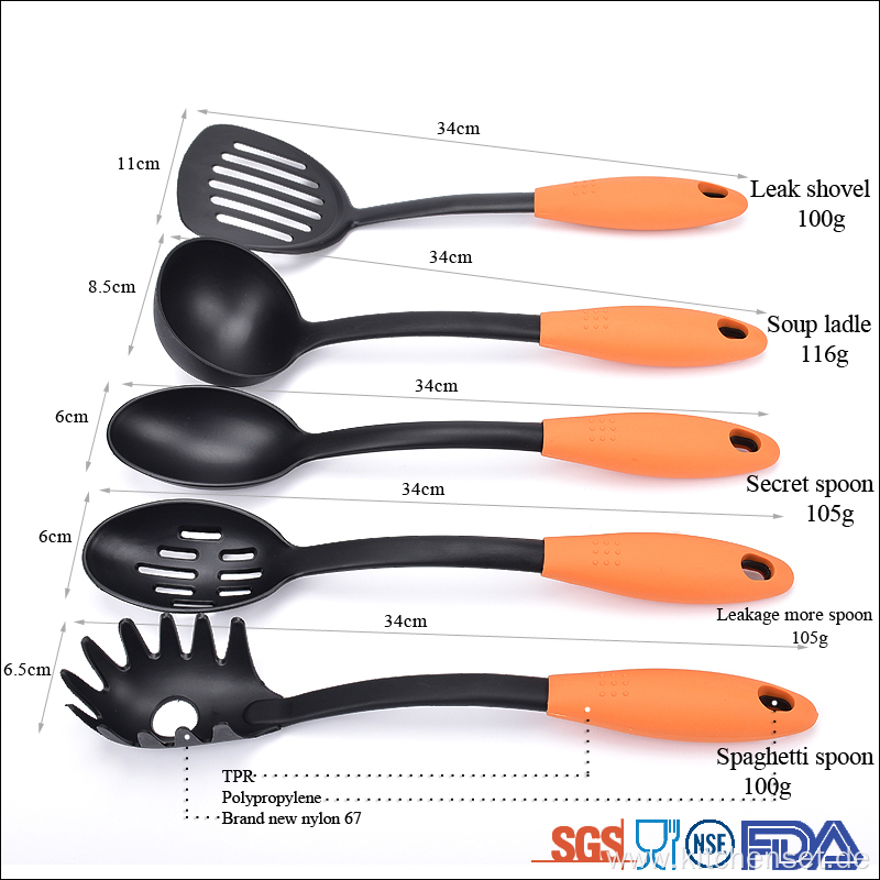 5 piece non-slip handle Nylon cooking utensils accessories