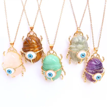 Yellow Tiger Eye Stone Golden Beetle Eye Pendant Necklace 45CM Chain