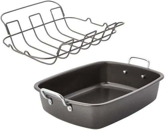 Commercial Carbon Steel BBQ Turkey Roaster Pan with Nonstick Coating and Wire Rack
