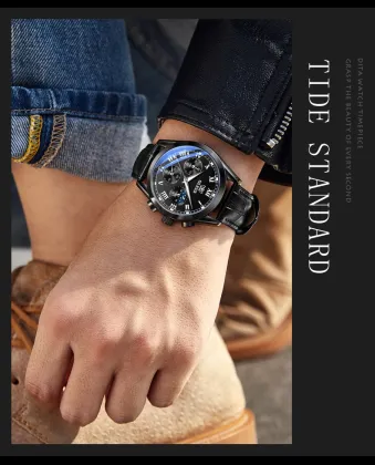 OLEVS Watch 2871 Multifunctional Sports Fashion Genuine Leather Wristwatch Chronograph Waterproof Luminous Men's Watch